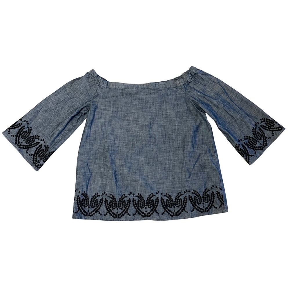Calvin Klein Women's Boho Chambray Off Shoulder Embroidered Peasant Top M